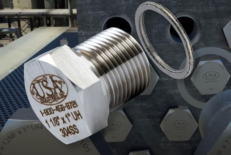 Laser-etched stainless shoulder plug and gasket in front of an air-cooled heat exchanger header box
