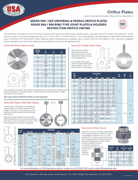 USA Industries Univeral Orifice Plate, Paddle Type Plate, Restriction Orifice Union Linesheet Icon