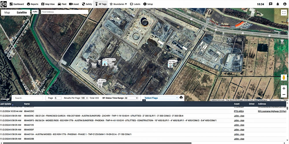 Live GPS tracking view of RF tagged inventory