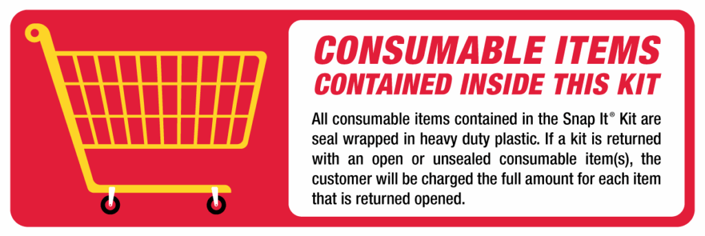Consumable items contained inside this kit: opened or unsealed consumables are charged at full price