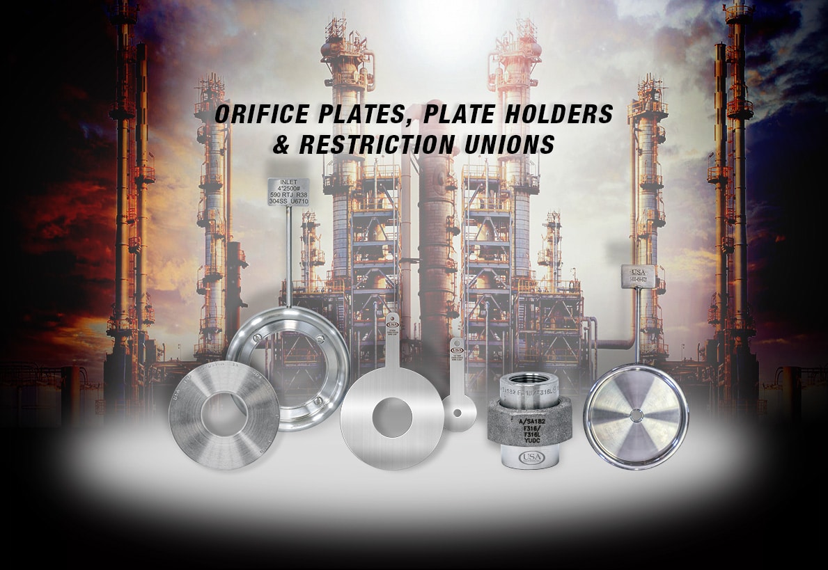 Orifice plates, plate holders, and restriction unions