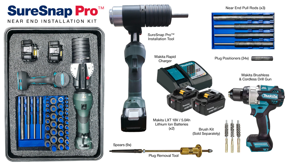 SureSnap Pro near end installation kit contents with case, tool, Makita batteries, charger, drill, pull rods, and removal tool